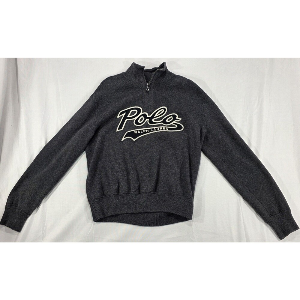 Polo Ralph Lauren Varsity Logo Sweater L Charcoal Heavy Knit Collegiate Retro